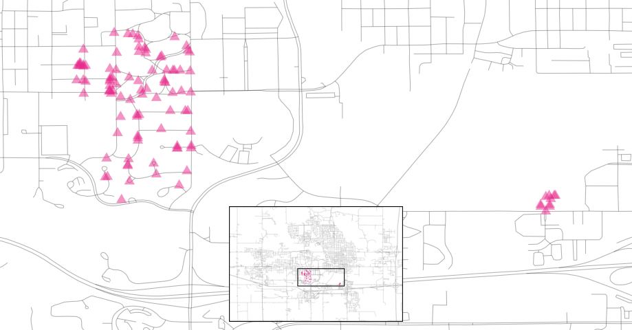 Un diagrama de dispersión de la ubicación de las casas en Crawford. Hay un gran grupo de casas al oeste de un pequeño grupo separado de propiedades también etiquetadas como Crawford.