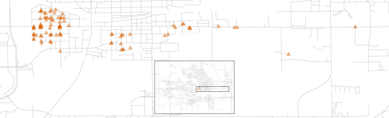 Un diagrama de dispersión de la ubicación de las casas etiquetadas como 'Departamento de Transporte (DOT) y Ferrocarriles de Iowa'. La distribución de longitud está sesgada hacia la derecha con algunas propiedades periféricas.