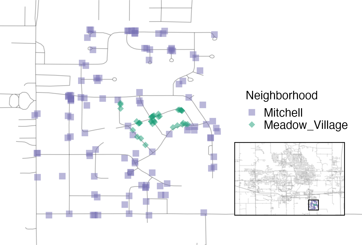 Un diagrama de dispersión de la ubicación de las casas en Meadow Village y Mitchell. La pequeña cantidad de propiedades de Meadow Village están incluidas dentro de las etiquetadas como en Mitchell.