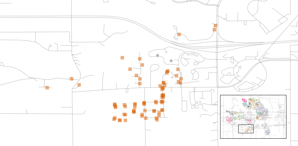 Un diagrama de dispersión de la ubicación de las casas en Timberland, ubicada en la parte sur de Ames.