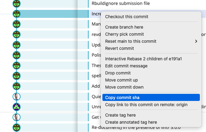 GitKraken screenshot showing how to copy a specific SHA.