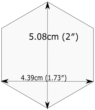 Un hexágono orientado con puntos en la parte superior e inferior. y lados verticales planos. Está etiquetado con dimensiones: 5,08 cm (2") verticalmente (punto a punto), y 4,39 cm (1,73") horizontalmente (de lado plano a lado plano).