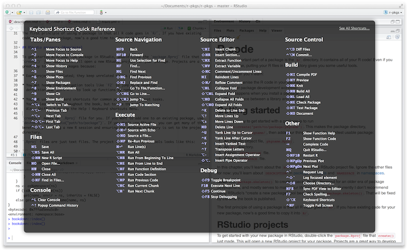 Captura de pantalla de una ventana de RStudio con un cuadro negro semitransparente que muestra atajos de teclado que se superponen a la mayor parte de la ventana.