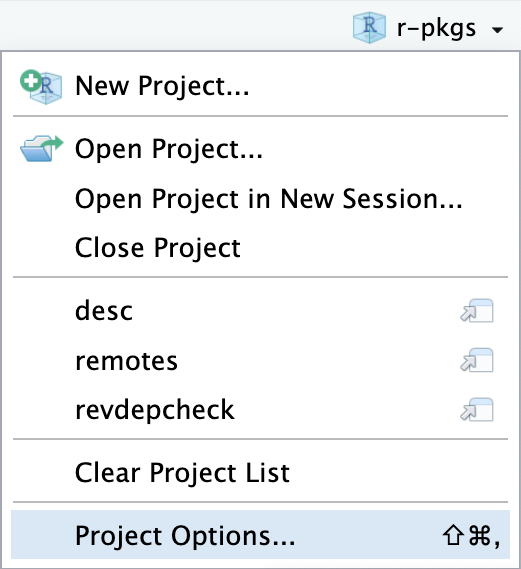 Imagen del menú desplegable Proyectos IDE de RStudio, con elementos: "New Project...", "Open Project...", "Open Project in New Session...",  "Close Project", luego una lista de proyectos que el usuario ha  tenido abiertos recientemente, "Close Project", y "Project Options...".  El elemento "Project Options..." está seleccionado.