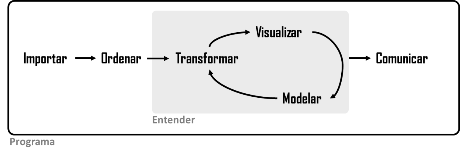 Un diagrama que muestra el ciclo de la ciencia de datos: Importar -> Ordenar -> Comprender (que tiene las fases Transformar -> Visualizar -> Modelar en un ciclo) -> Comunicar. Rodeando todo esto está Programa. 