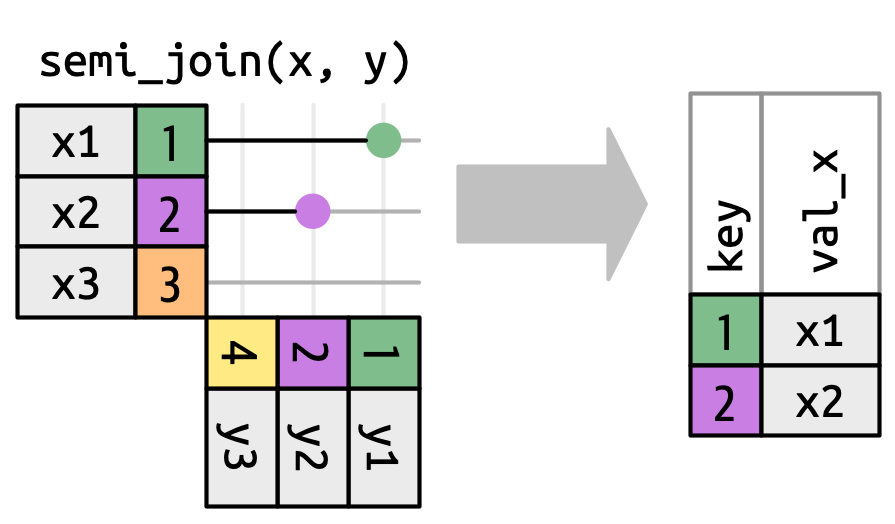 Un diagrama de unión con viejos amigos x e y. En una combinación semi, solo importa la presencia de una coincidencia, por lo que la salida contiene las mismas columnas que x.