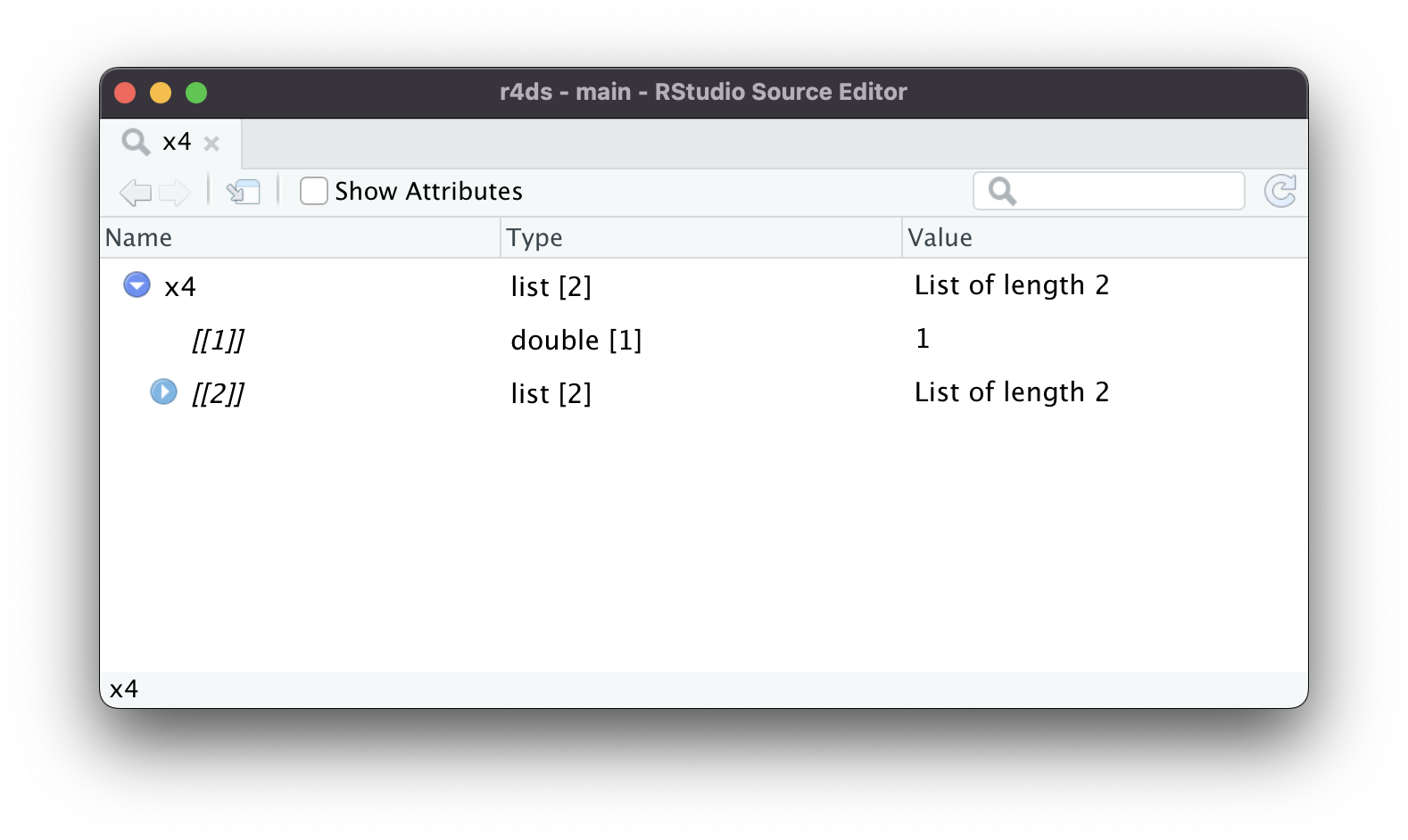 Una captura de pantalla de RStudio que muestra el visor de listas. Muestra los dos hijos de x4: el primer hijo es un vector doble y el segundo hijo es una lista. Un triable que mira hacia la derecha indica que el segundo hijo en sí tiene hijos, pero no puede verlos. 