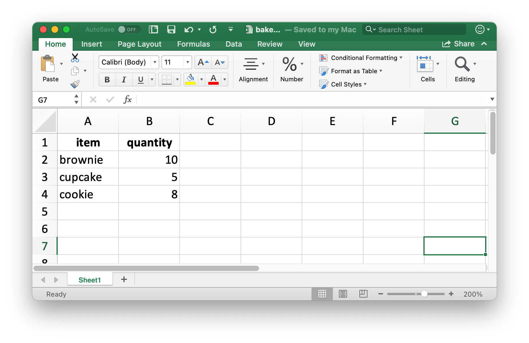 Marco de datos de venta de pasteles creado anteriormente en Excel.