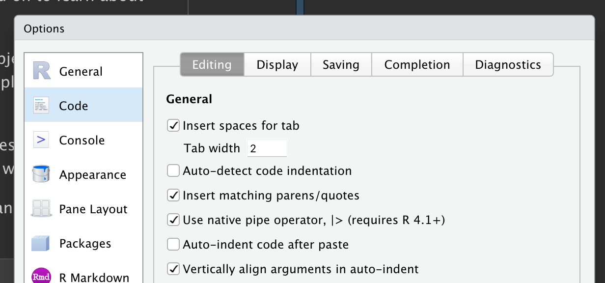 Captura de pantalla que muestra la opción "Use native pipe operator" que puede encontrarse en el panel "Editing" de las opciones de "Code".