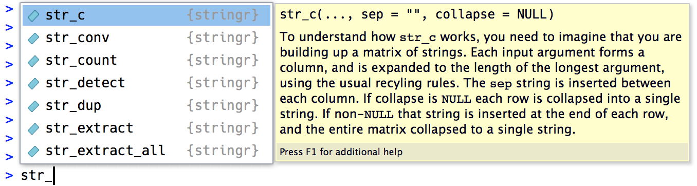 str_c escrito en la consola de RStudio con la información sobre herramientas de autocompletar que se muestra en la parte superior, que enumera las funciones que comienzan con str_c. La firma de la función y el comienzo de la página del manual para la función resaltada de la lista de autocompletar se muestran en un panel a su derecha.